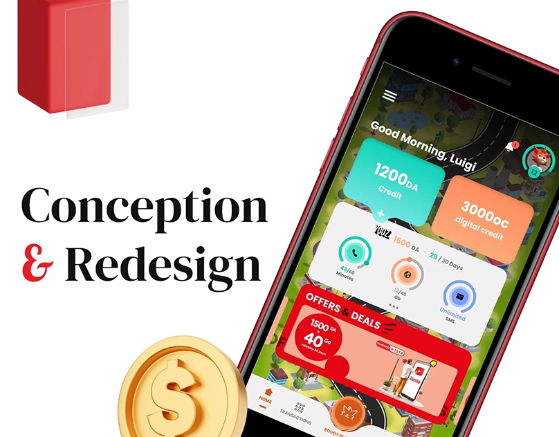 Smartphone screen displaying a vibrant mobile app dashboard with credit balances, usage stats, and promotional offers. Text on the left reads "Conception & Redesign" in elegant serif font. The interface shows 1200 DA credit, 30000 OC digital credit, and various plan details. A red and gold coin graphic adds a dynamic touch to the design.